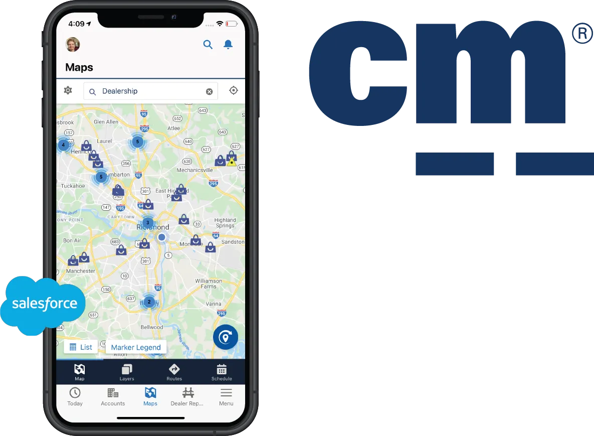 The CarMax B2B CRM on mobile, showing a map of dealer locations.