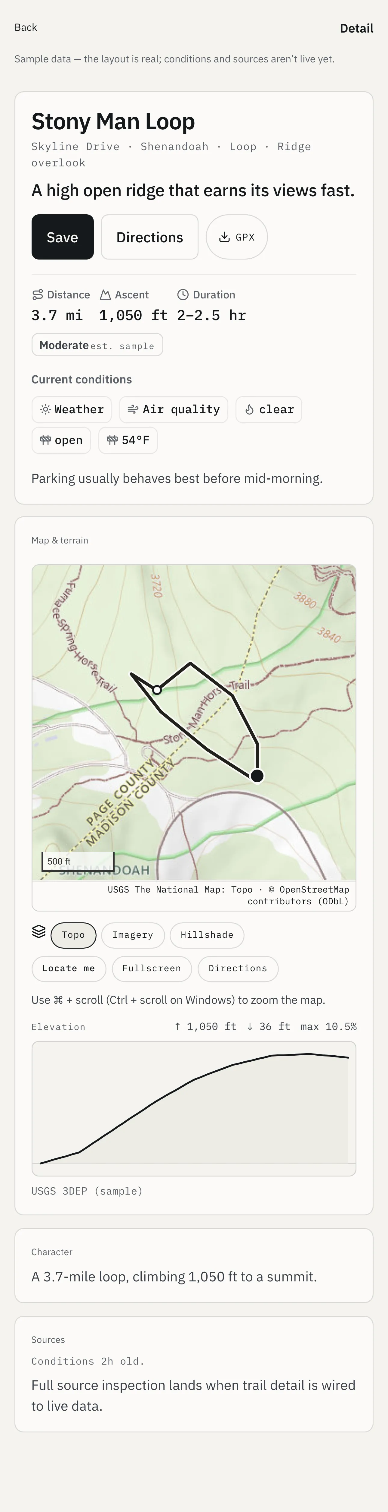 The trail detail screen. A header gives distance, ascent, and duration, with condition chips beneath it. A USGS topographic map shows the route drawn over contour lines, followed by an elevation profile, a layer switcher, and a sources block. A banner reads "Sample data — the layout is real; conditions and sources aren't live yet."