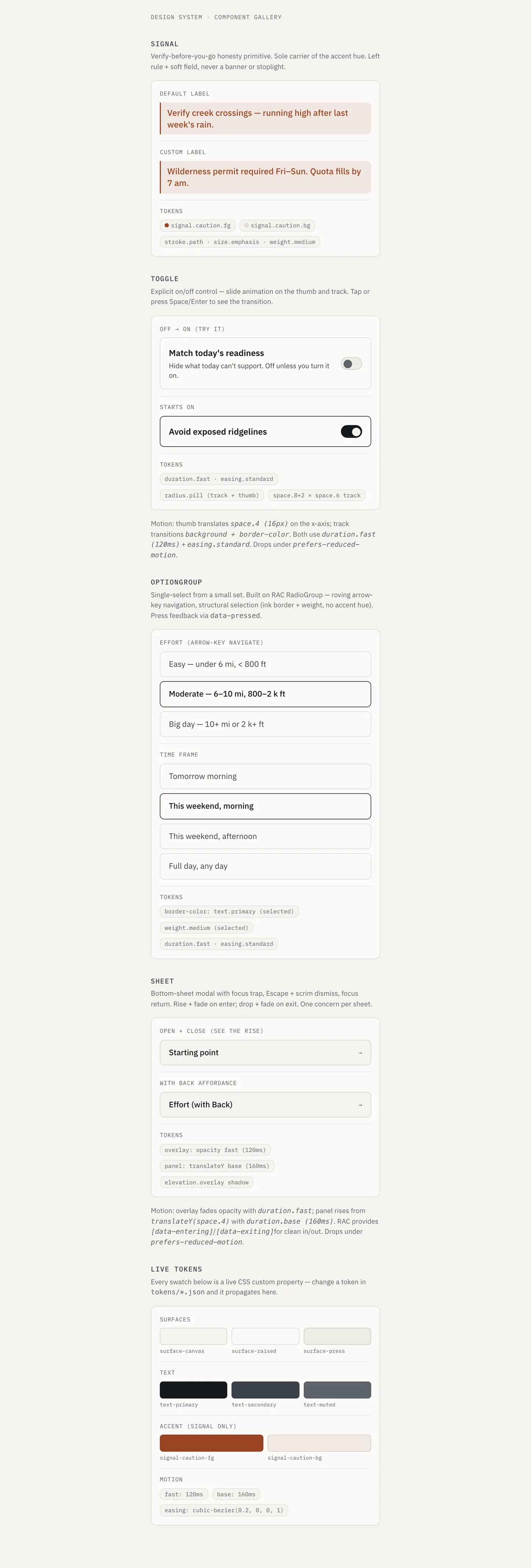 A component gallery on a warm paper background. Each component — Signal, Toggle, OptionGroup, Sheet — is shown in several states with its design tokens listed beneath it and its motion specified in milliseconds and easing.