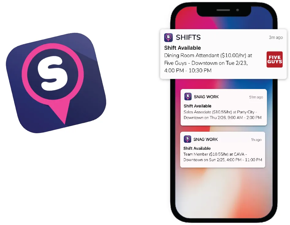 The Shifts app showing available hourly shifts as push notifications.