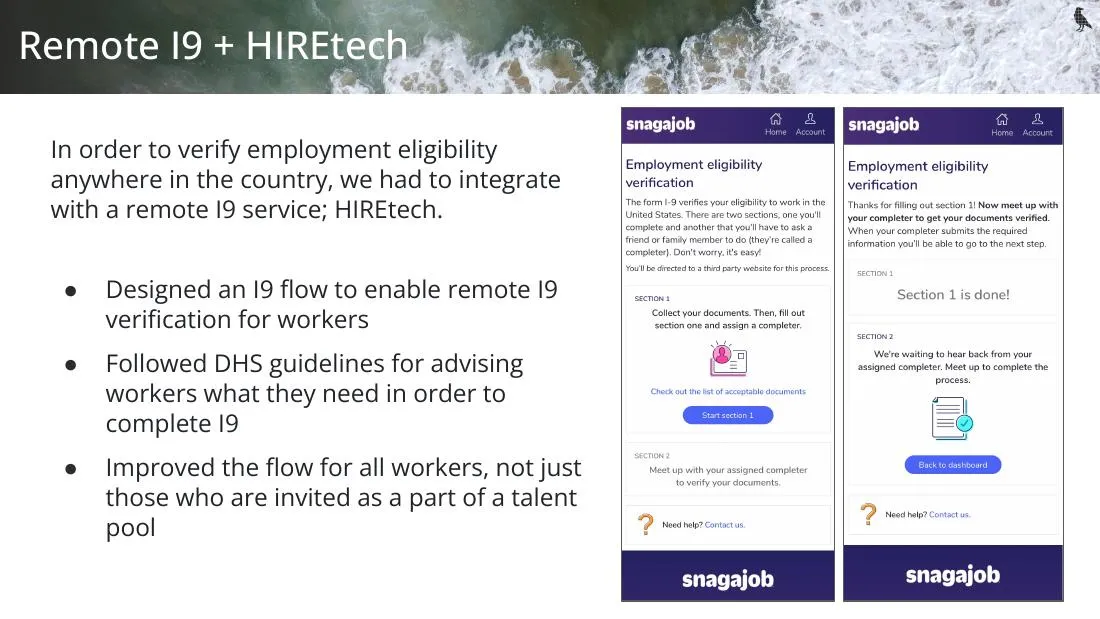 Two screens of the remote employment-eligibility flow: section one walks the worker through collecting documents and assigning a completer, section two confirms and hands off for verification.
